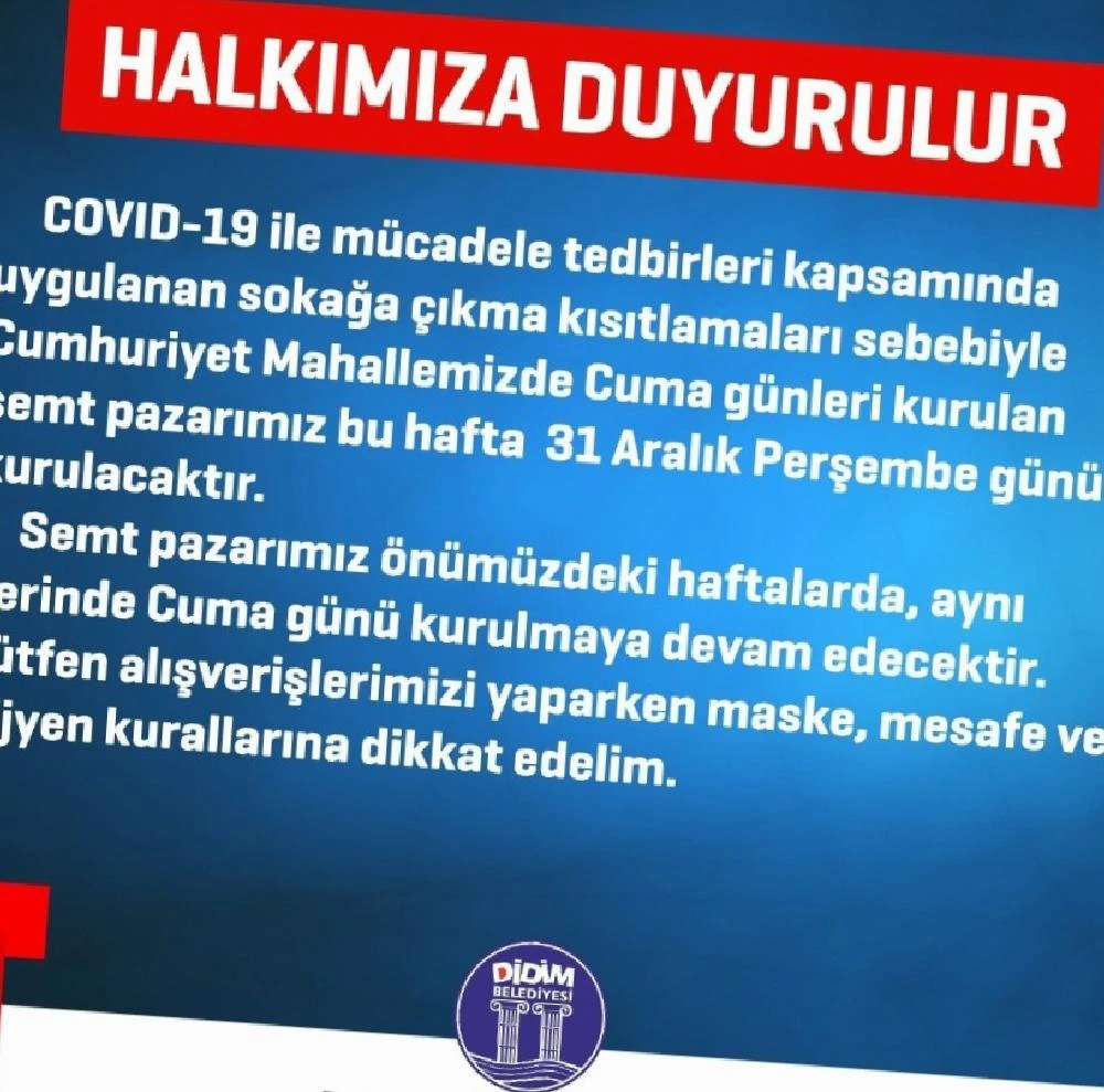Didim’de semt pazarı Perşembe günü kurulacak