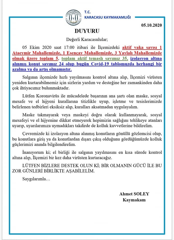 karacasuda koronavirus tekrar kontrol altina alindi 2 Karacasu’da koronavirüs tekrar kontrol altına alındı
