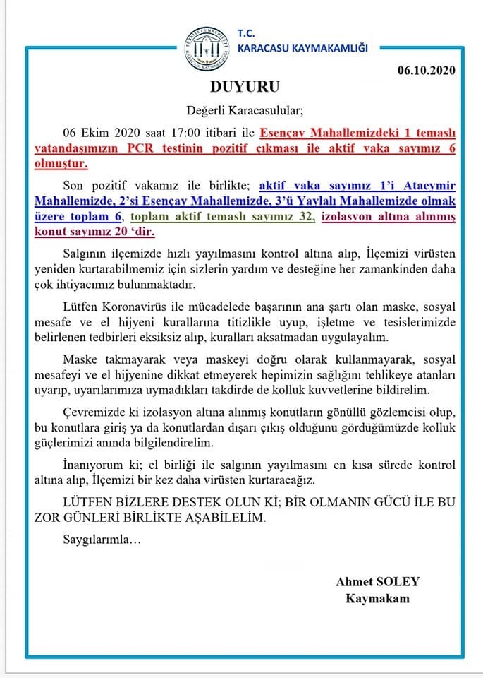 karacasuda pozitif vaka sayisi 6ya yukseldi 3 3llcF578 Karacasu’da pozitif vaka sayısı 6’ya yükseldi