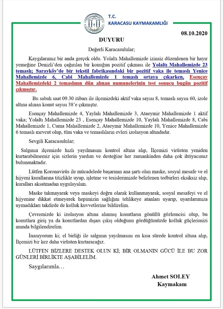 karacasuda pozitif vakalarda artis yasandi 2 HbrKbAKN Karacasu’da pozitif vakalarda artış yaşandı